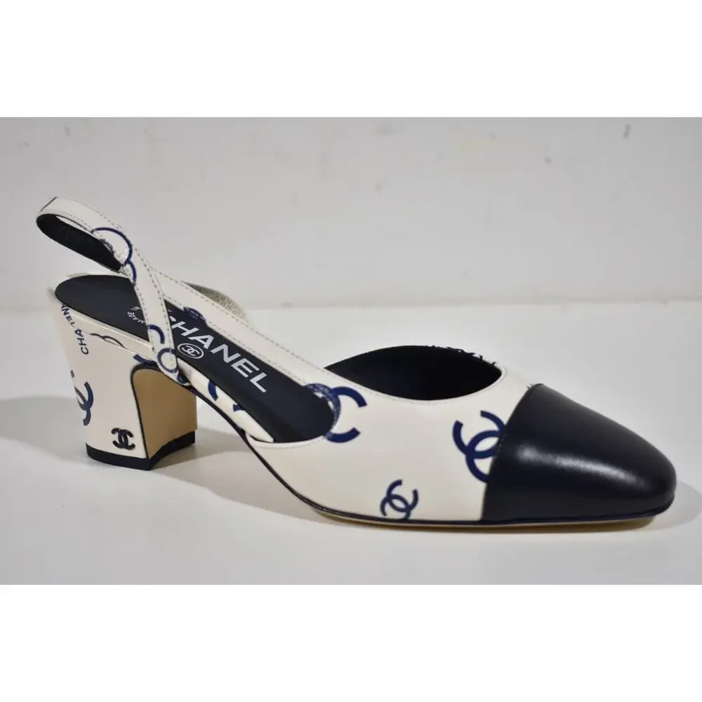 Chanel 23P Mademoiselle Coco Sling White Blue CC Logo Slingback Sandal Heel 40 - Picture 3 of 10